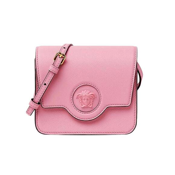 Versace La Medusa Logo Plaque Pink Pebbled Leather Crossbody